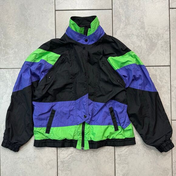 Vintage 90s Colin Retro Ski Windbreaker Full Zip Jacket Womens Size M Green Blk - Picture 1 of 9
